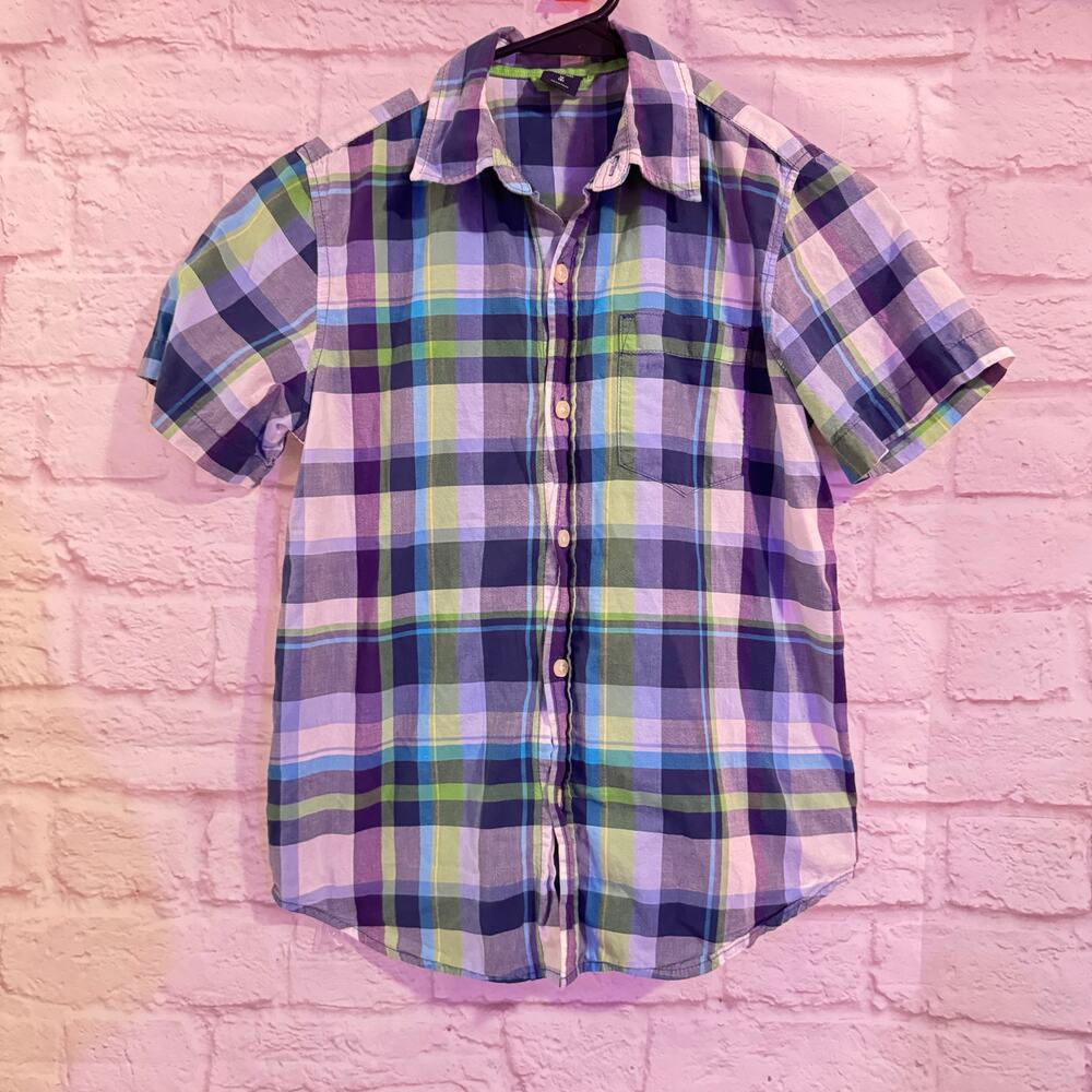 Gap Kids Green/White/Blue Plaid short Sleeve Button Up Shirt M (8)